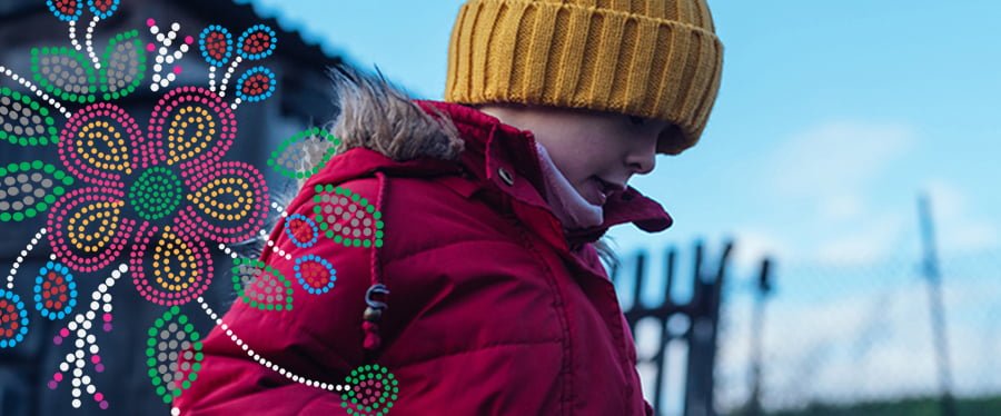 Child wearing a wool winter hat and jacket next to a Metis style bead work design