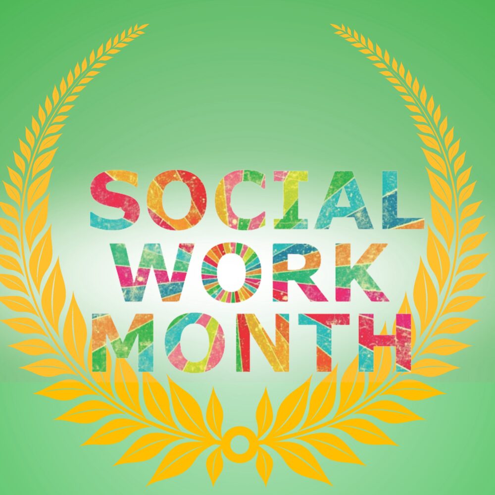 Social Work Month logo with a leaf emblem and colourful letters
