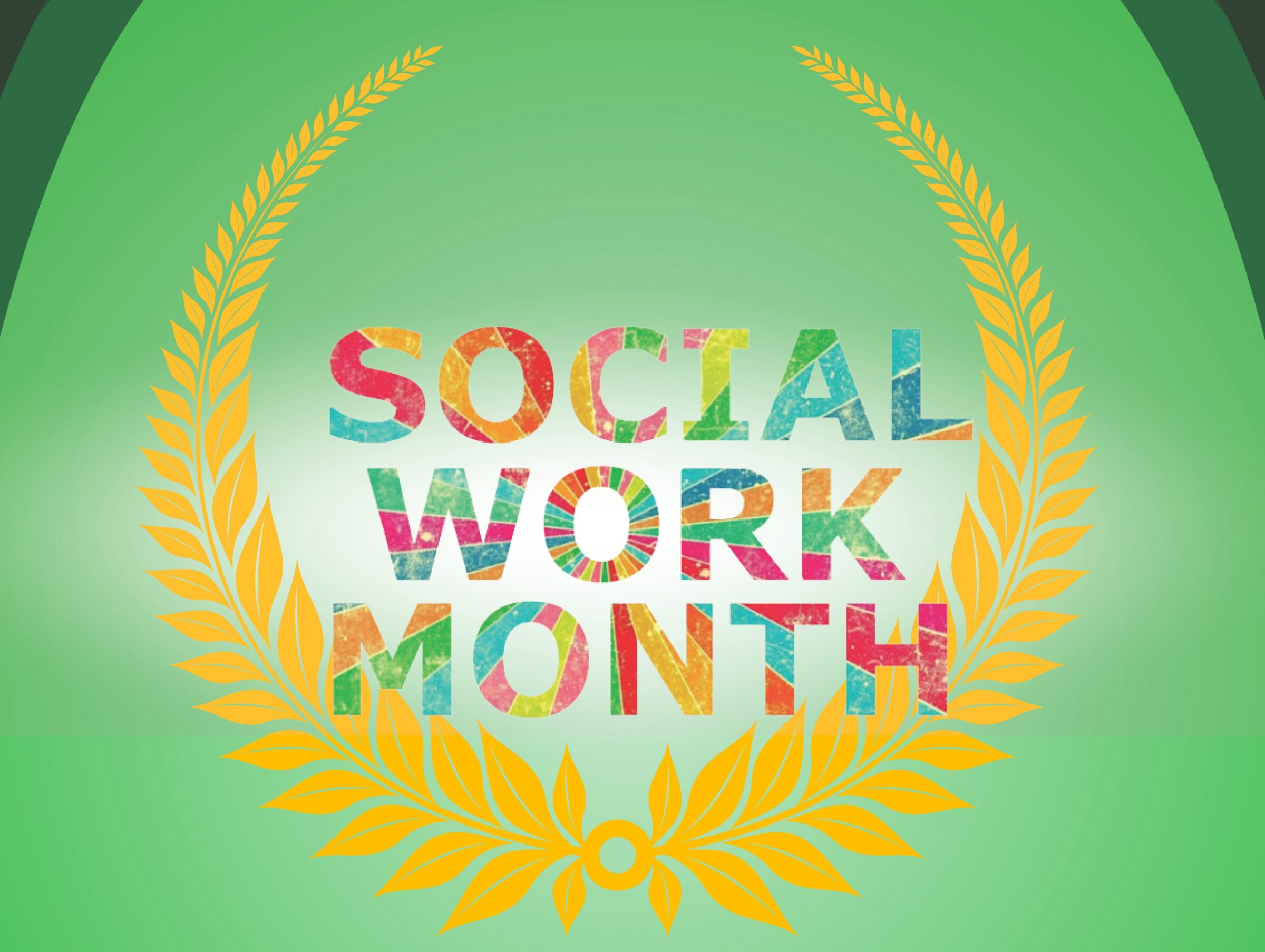 Social Work Month logo with a leaf emblem and colourful letters