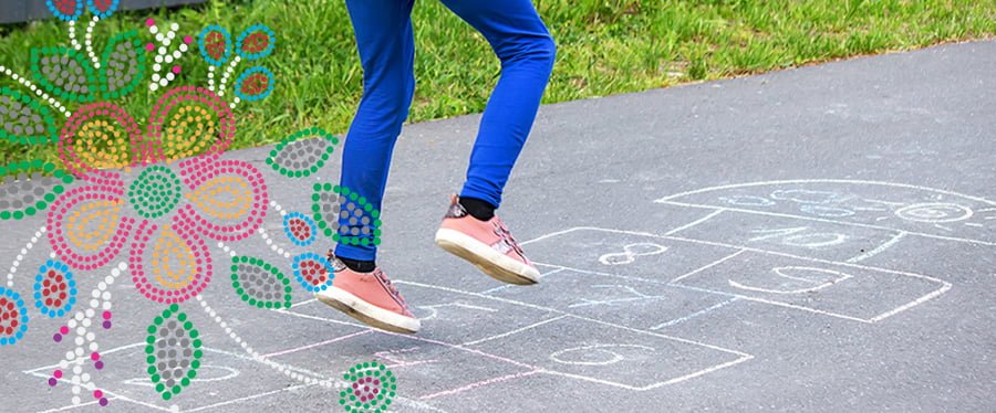 Running shoes playing hopscotch on a chalk course with Metis style beadwork motif overlay