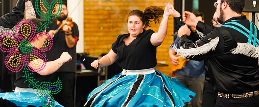 Dancers performing a traditional Metis dance wearing matching outfits next to a Metis style bead work design